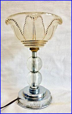 Ancienne Lampe Moderniste Art Déco Chrome 2 Boules Vasque Ezan Jacques Adnet