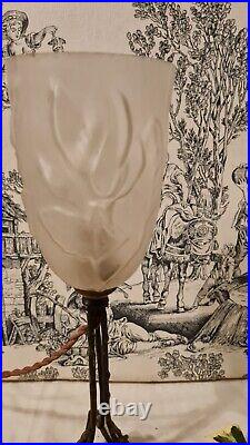 Ancienne Lampe Tulipe Pied Fer Decor Feuille Art Deco