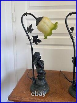 Ancienne Paire de Lampe Angelot Chérubin Ange Tulipe Verte Art déco