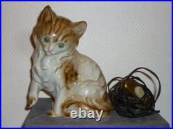 Ancienne Veilleuse En Porcelaine Allemande Chat Lampe Art Deco Signee 16,5 CM