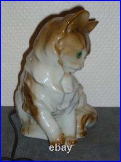 Ancienne Veilleuse En Porcelaine Allemande Chat Lampe Art Deco Signee 16,5 CM