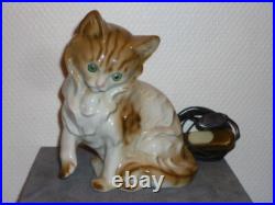 Ancienne Veilleuse En Porcelaine Allemande Chat Lampe Art Deco Signee 16,5 CM