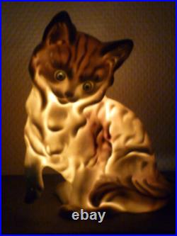 Ancienne Veilleuse En Porcelaine Allemande Chat Lampe Art Deco Signee 16,5 CM