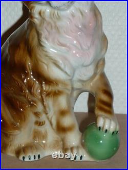 Ancienne Veilleuse En Porcelaine Chat Et Ballon Lampe Art Deco Signee 18 CM
