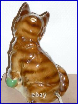 Ancienne Veilleuse En Porcelaine Chat Et Ballon Lampe Art Deco Signee 18 CM
