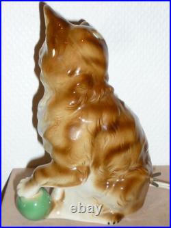 Ancienne Veilleuse En Porcelaine Chat Et Ballon Lampe Art Deco Signee 18 CM