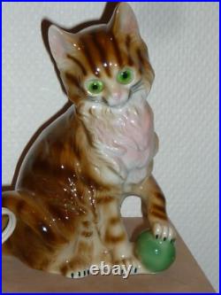 Ancienne Veilleuse En Porcelaine Chat Et Ballon Lampe Art Deco Signee 18 CM