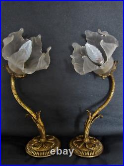Ancienne grande lampe APPLIQUES (2) BRONZE MASSIF XXème tulipe globe verre sablé
