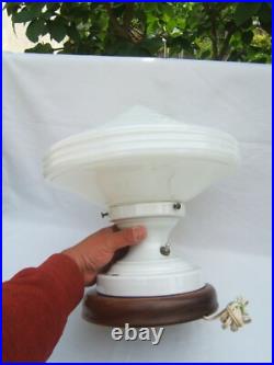 Ancienne importante lampe art déco skyscraper toupie soucoupe volante en verre