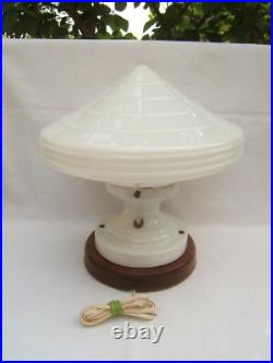 Ancienne importante lampe art déco skyscraper toupie soucoupe volante en verre
