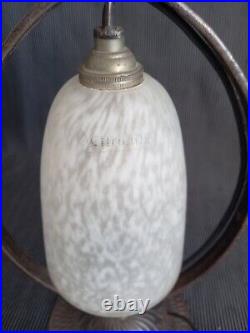 Ancienne lampe art déco tulipe pâte de verre signée Schneider fer forgé