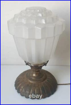 Ancienne lampe de table art deco verre opaline skyscraper gratte ciel 1930 light