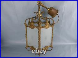 Ancienne lampe suspension en régule type lanterne 5 verres gravés ART DECO