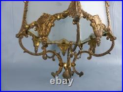 Ancienne lampe suspension en régule type lanterne 5 verres gravés ART DECO