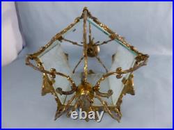 Ancienne lampe suspension en régule type lanterne 5 verres gravés ART DECO
