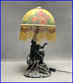 Art Déco Lampe de Table couple avec abat Jour Verre peint et perles rouge Jaune