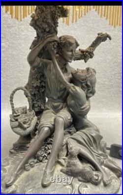 Art Déco Lampe de Table couple avec abat Jour Verre peint et perles rouge Jaune