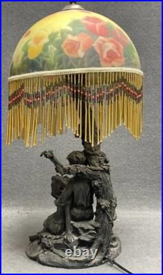 Art Déco Lampe de Table couple avec abat Jour Verre peint et perles rouge Jaune