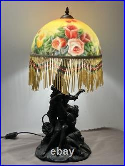 Art Déco Lampe de Table couple avec abat Jour Verre peint et perles rouge Jaune