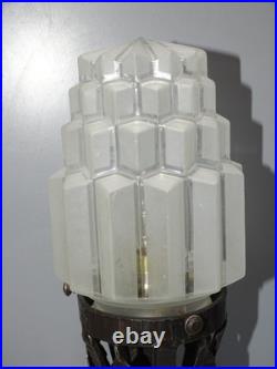 -BELLE LAMPE SKYSCRAPER ART DECO PIED FER Forgé VERRE BUILDING OPAQUE D