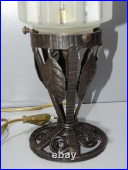 -BELLE LAMPE SKYSCRAPER ART DECO PIED FER Forgé VERRE BUILDING OPAQUE D