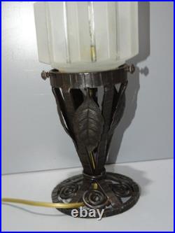 -BELLE LAMPE SKYSCRAPER ART DECO PIED FER Forgé VERRE BUILDING OPAQUE D