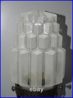 -BELLE LAMPE SKYSCRAPER ART DECO PIED FER Forgé VERRE BUILDING OPAQUE D