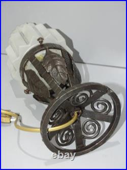 -BELLE LAMPE SKYSCRAPER ART DECO PIED FER Forgé VERRE BUILDING OPAQUE D