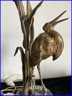 Belle Grande Lampe Art Deco Tulipe Signee Daum Nancy Decor Heron En Bronze 1920