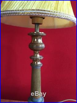 C883 Paire De Lampes En Bronze Pied Tripode Paralume Silk
