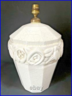 Craquelé Art Déco Imposant Pied De Lampe En Céramique A Décor De Fleurs Stylisé