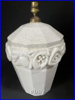 Craquelé Art Déco Imposant Pied De Lampe En Céramique A Décor De Fleurs Stylisé