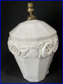 Craquelé Art Déco Imposant Pied De Lampe En Céramique A Décor De Fleurs Stylisé