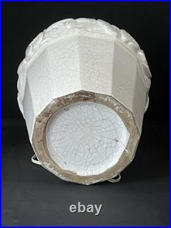 Craquelé Art Déco Imposant Pied De Lampe En Céramique A Décor De Fleurs Stylisé