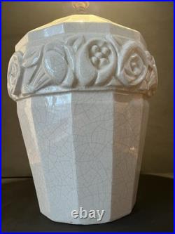 Craquelé Art Déco Imposant Pied De Lampe En Céramique A Décor De Fleurs Stylisé