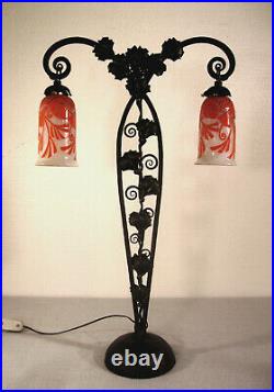 DAUM NANCY Grande lampe double art déco en fer forgé et tulipes 1925/1930