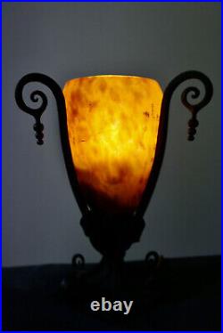 Daum Nancy Authentique Lampe De Table Fer Forge Pte De Verre Veilleuse 1900