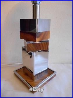 Élégant Pied De Lampe Vintage Design Moderniste Art-déco 1970 Chrome Et Bois