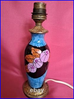 Elégant pied de lampe bleu ancien céramique et bronze décor fleur Art Déco rare