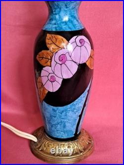 Elégant pied de lampe bleu ancien céramique et bronze décor fleur Art Déco rare