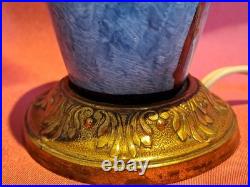 Elégant pied de lampe bleu ancien céramique et bronze décor fleur Art Déco rare