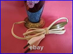 Elégant pied de lampe bleu ancien céramique et bronze décor fleur Art Déco rare