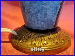 Elégant pied de lampe bleu ancien céramique et bronze décor fleur Art Déco rare