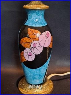Elégant pied de lampe bleu ancien céramique et bronze décor fleur Art Déco rare