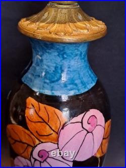 Elégant pied de lampe bleu ancien céramique et bronze décor fleur Art Déco rare