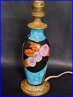 Elégant pied de lampe bleu ancien céramique et bronze décor fleur Art Déco rare