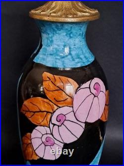 Elégant pied de lampe bleu ancien céramique et bronze décor fleur Art Déco rare