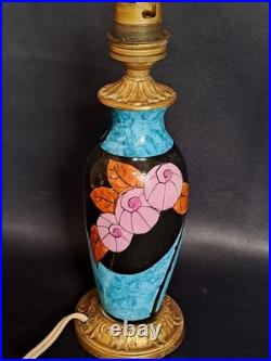 Elégant pied de lampe bleu ancien céramique et bronze décor fleur Art Déco rare