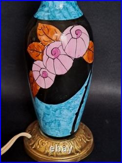 Elégant pied de lampe bleu ancien céramique et bronze décor fleur Art Déco rare