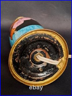 Elégant pied de lampe bleu ancien céramique et bronze décor fleur Art Déco rare